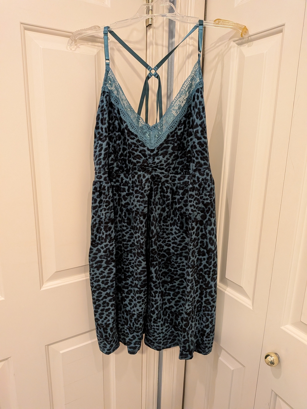 Lane Bryant Teal and Black Leopard-Print Lace-Trim Chemise